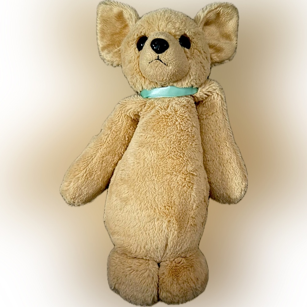 The Bearington Collection Plush Tan Teddy Bear with Blue Ribbon